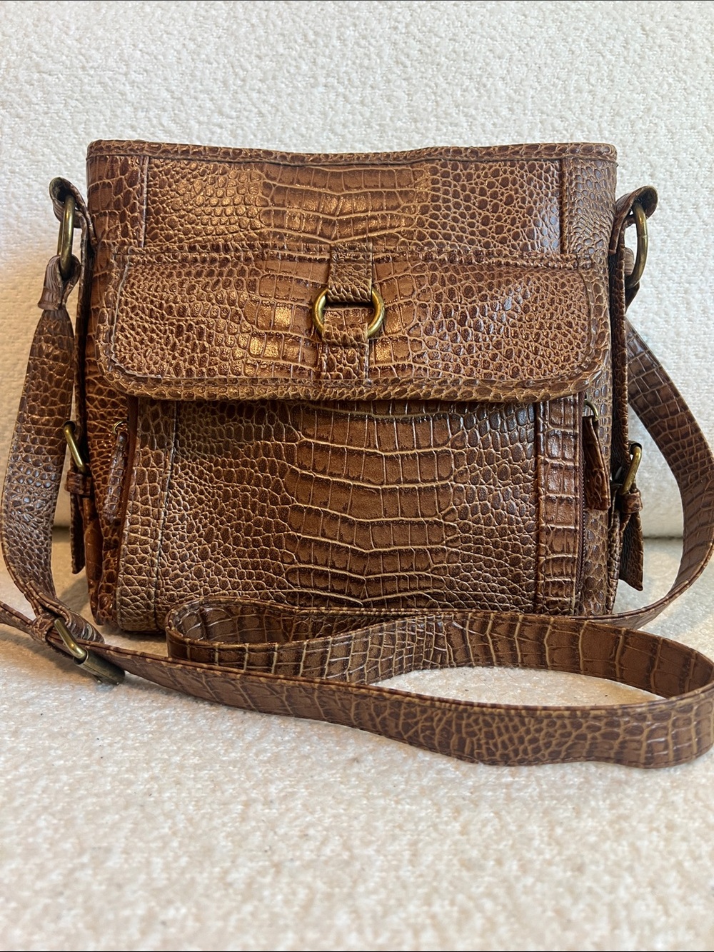 Coldwater Creek Brown Faux Leather Croc-Embossed Crossbody Bag